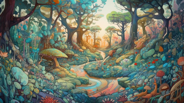 A painting of a forest with a stream running through it.