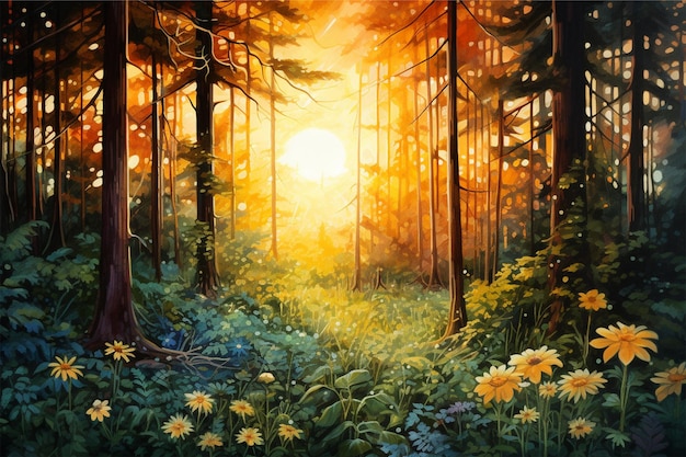 a painting of a forest with the sun shining throug