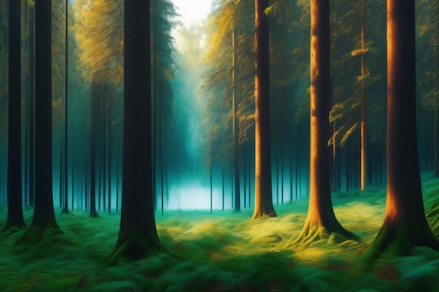 A painting of a forest with the sun shining through the trees