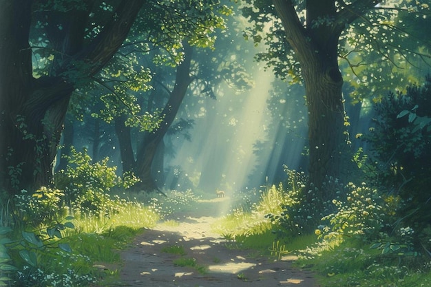 A painting of a forest with the sun shining through the trees