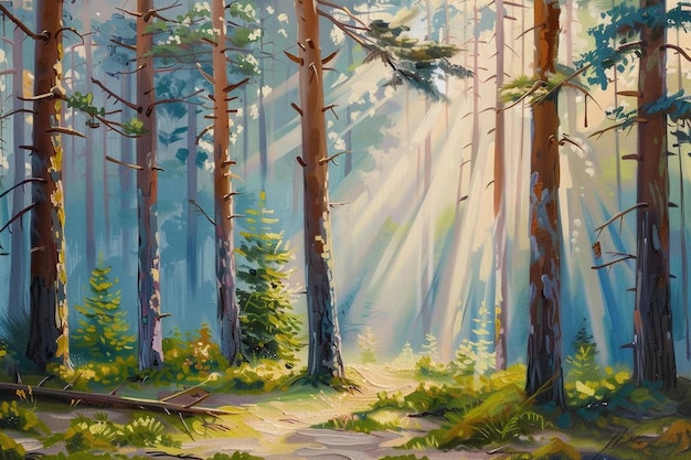 A painting of a forest with the sun shining through the trees