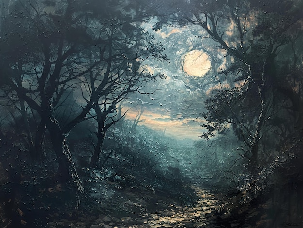 a painting of a forest with a sunset in the background