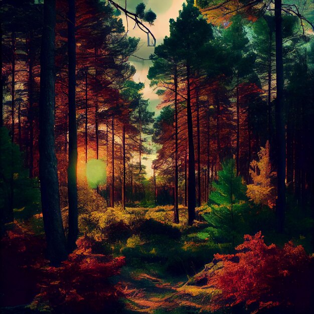 A painting of a forest with a sunset in the background.