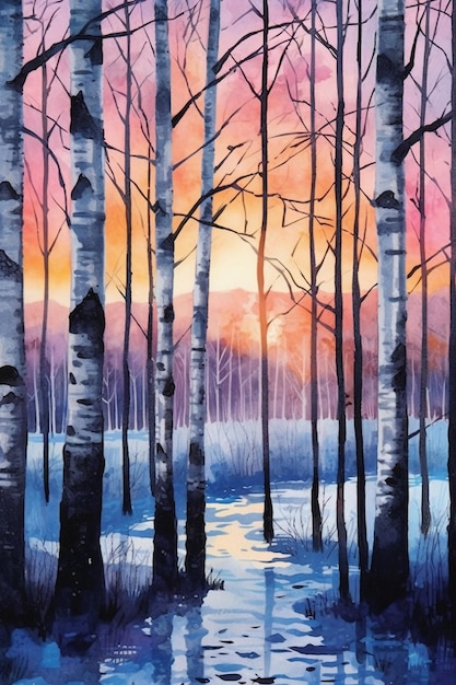 A painting of a forest with a sunset in the background.