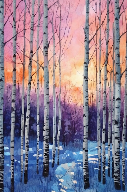 A painting of a forest with a sunset in the background.