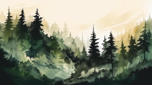 A painting of a forest with a sunset in the background.