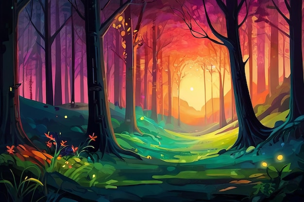 a painting of a forest with a sunset in the background