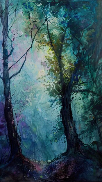 Photo a painting of a forest with a tree branch and the word  love  on it