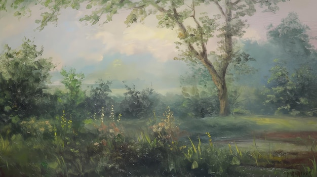 Photo a painting of a forest with a tree and a field with flowers