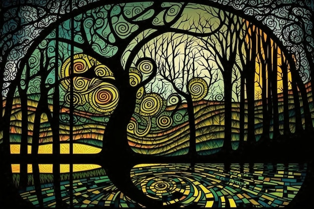 A painting of a forest with a tree in the middle and the word tree on the bottom.