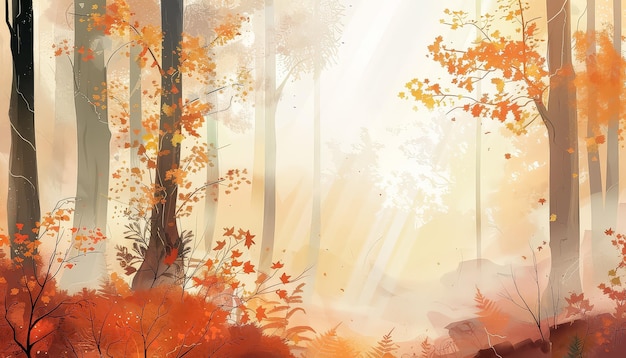 Photo a painting of a forest with trees in autumn colors