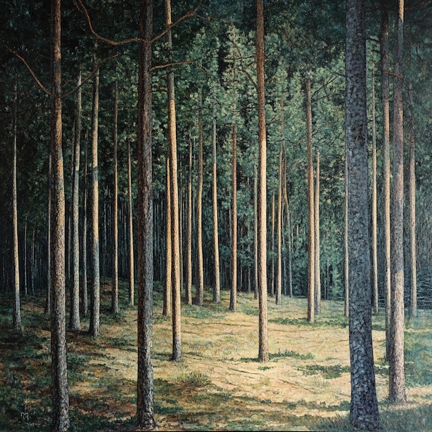 Photo a painting of a forest with trees in the background