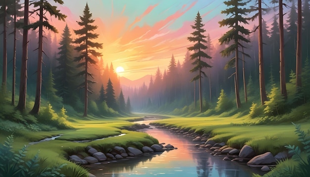 a painting of a forest with a waterfall in the background