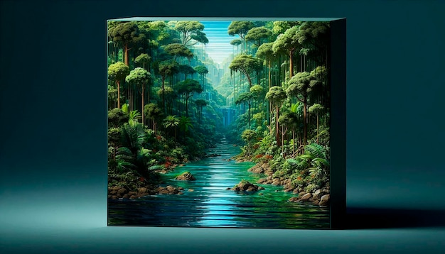 Photo a painting of a forest with a waterfall in the background