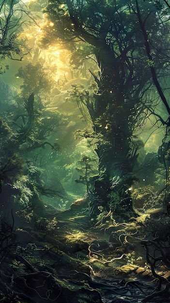 a painting of a forest with a yellow sun shining through the water