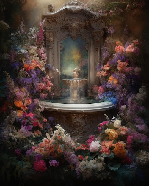 A painting of a fountain with flowers around it.