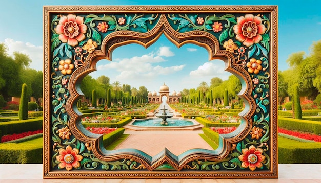 Photo a painting of a fountain with flowers on it