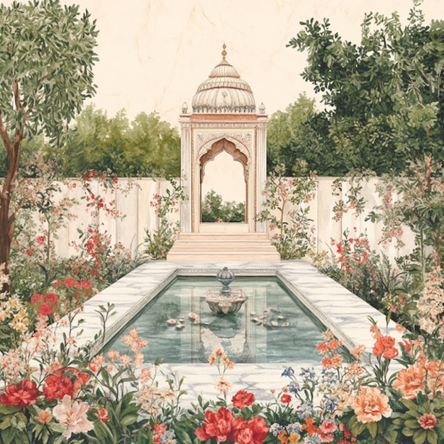 Photo a painting of a fountain with a fountain and a fountain with a fountain in it