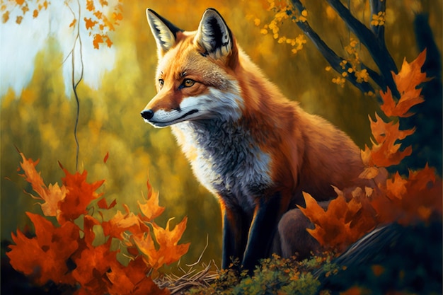 A painting of a fox in the autumn forest