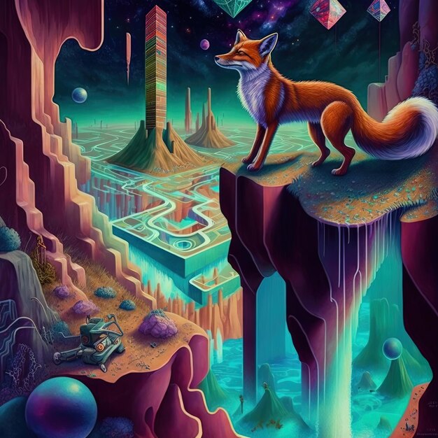 Photo a painting of a fox on a cliff with a red fox on the top