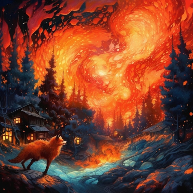 A painting of a fox looking at a fire with a fire in the background.