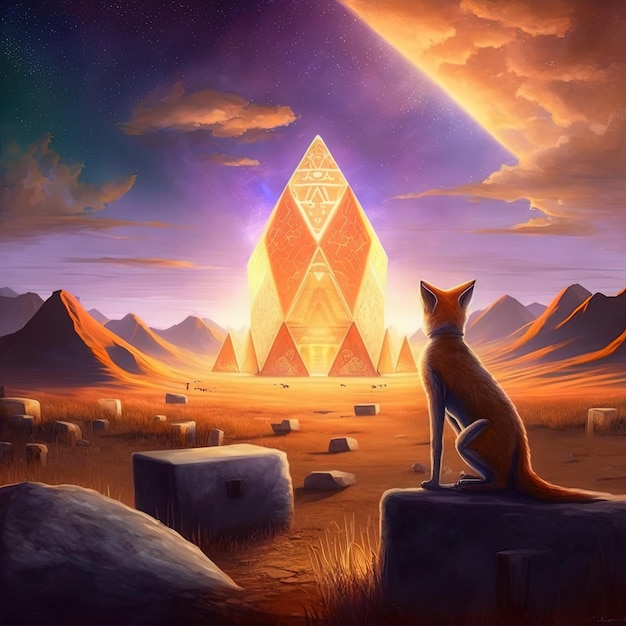 a painting of a fox and pyramid with the word pyramid on it