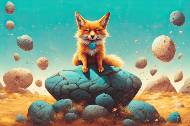 A painting of a fox on a rock with a blue background.