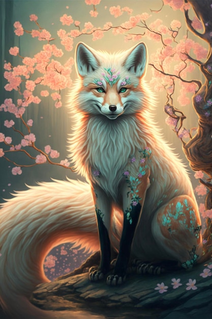 Painting of a fox sitting in front of a tree generative ai