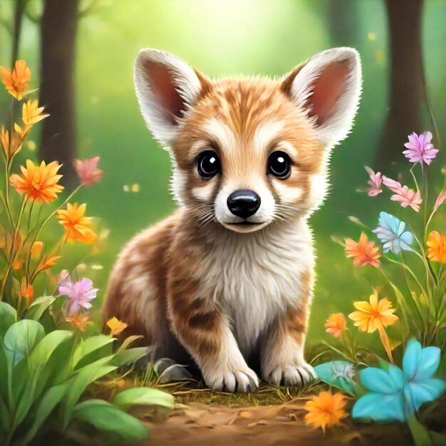 a painting of a fox sitting in a garden with flowers