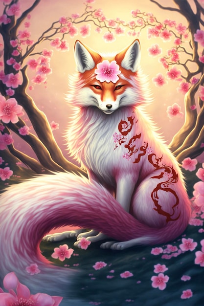 Painting of a fox sitting under a tree generative ai