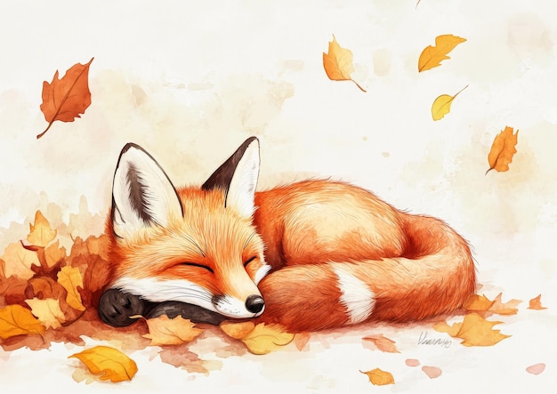 a painting of a fox sleeping in autumn leaves