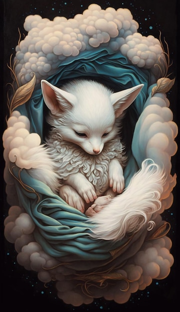 A painting of a fox sleeping in a blue blanket.