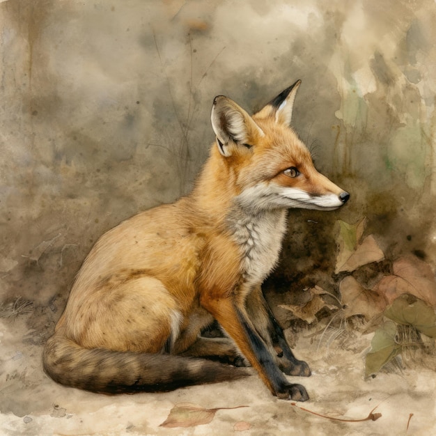 A painting of a fox that is sitting on the ground.