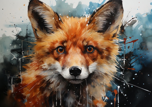 Painting of a fox with a blue background and splats of paint generative ai