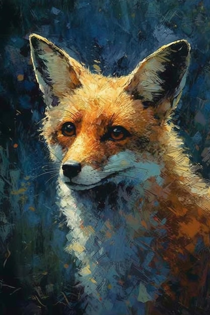 A painting of a fox with a blue background.