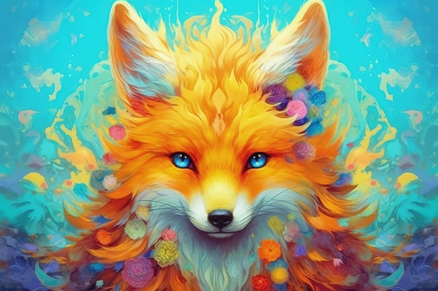 A painting of a fox with blue eyes and a blue and yellow flower on its head