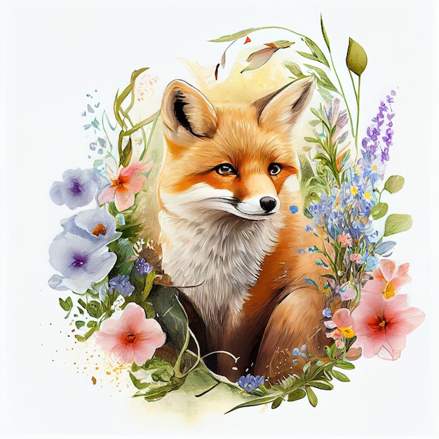 A painting of a fox with flowers and a bird on it.