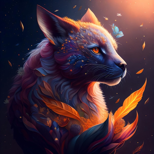 A painting of a fox with orange eyes and yellow leaves.