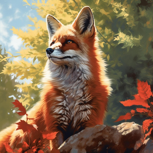 A painting of a fox with red leaves on it