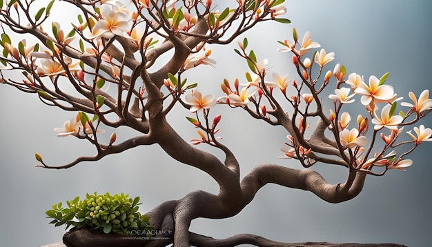 Painting of frangipani tree with many sculptural branches small flowers and very few leaves