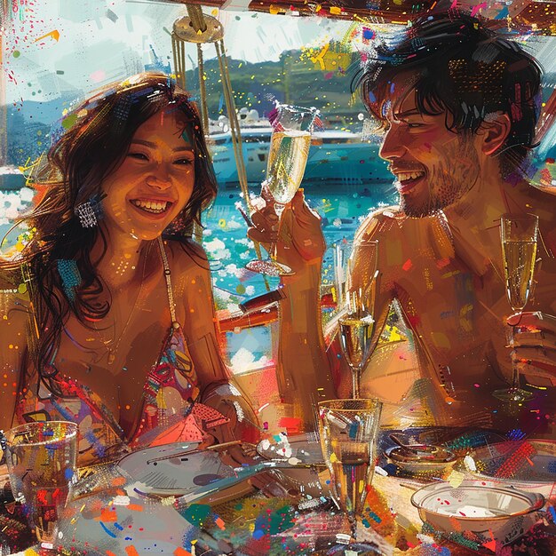 Photo painting of friends drinking champagne on a cruise