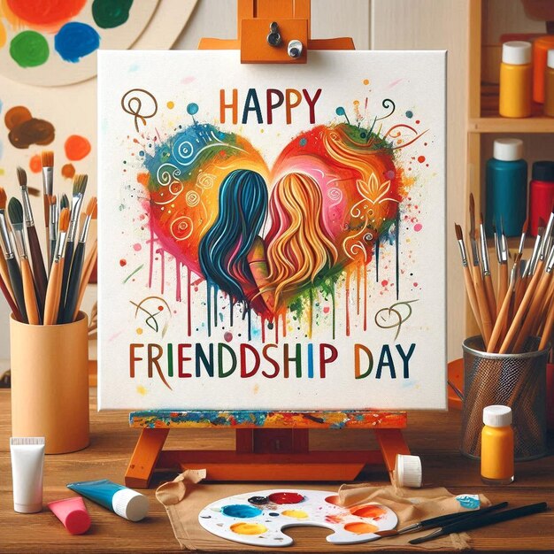 a painting of a friendship day is displayed on a table