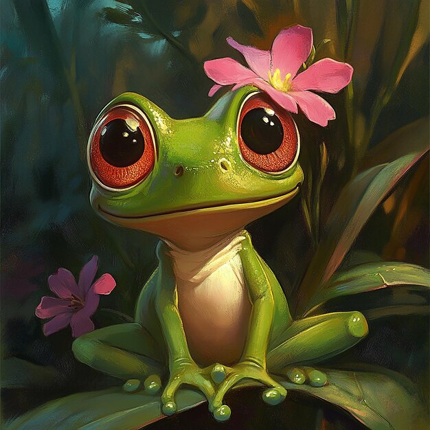 a painting of a frog with a flower in the background