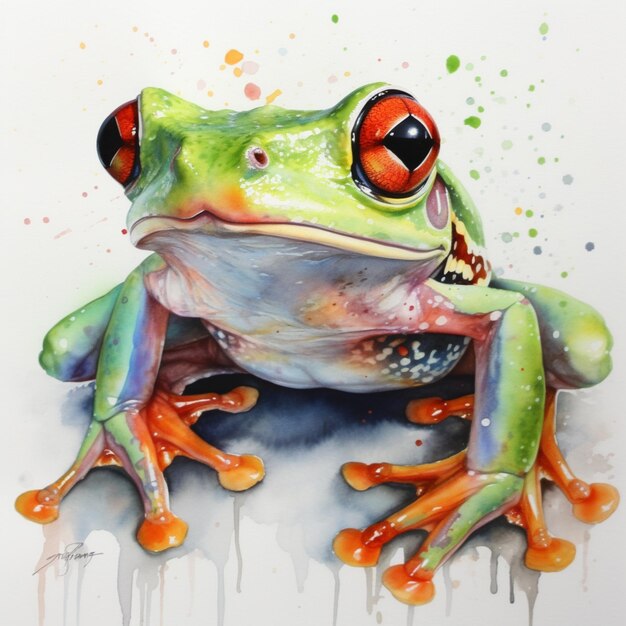 Painting of a frog with a red eye and a dripping paint splatter generative ai