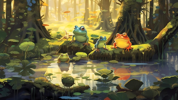 A painting of frogs in a forest with a pond in the background.