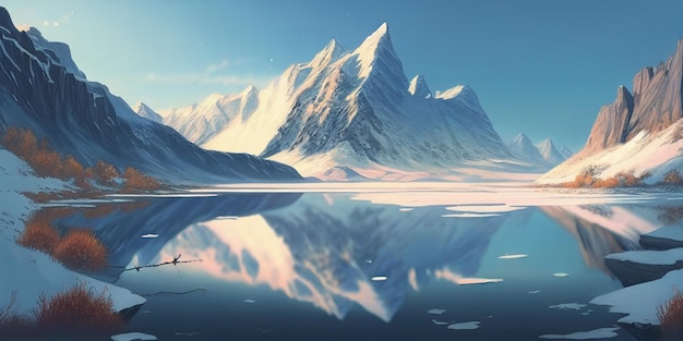 Painting of Frozen mountain lake in winter landscape with a glacial lake in the foreground generative ai