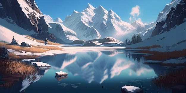 Painting of Frozen mountain lake in winter landscape with a glacial lake in the foreground generative ai