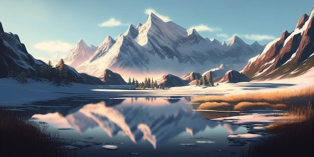 Painting of Frozen mountain lake in winter landscape with a glacial lake in the foreground generative ai