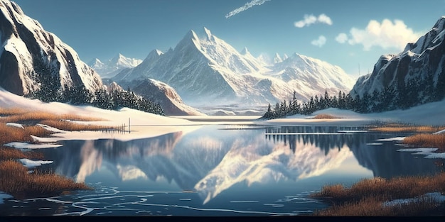 Painting of Frozen mountain lake in winter landscape with a glacial lake in the foreground generative ai