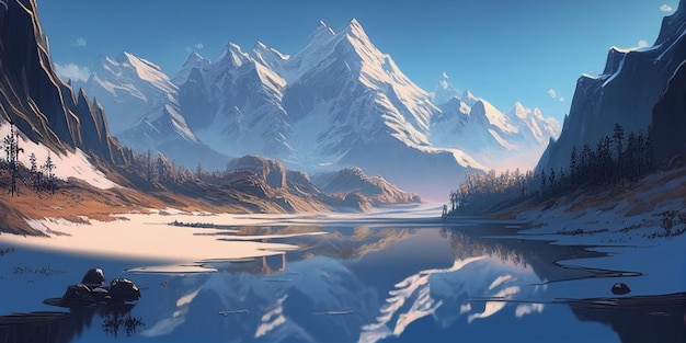 Painting of Frozen mountain lake in winter landscape with a glacial lake in the foreground generative ai